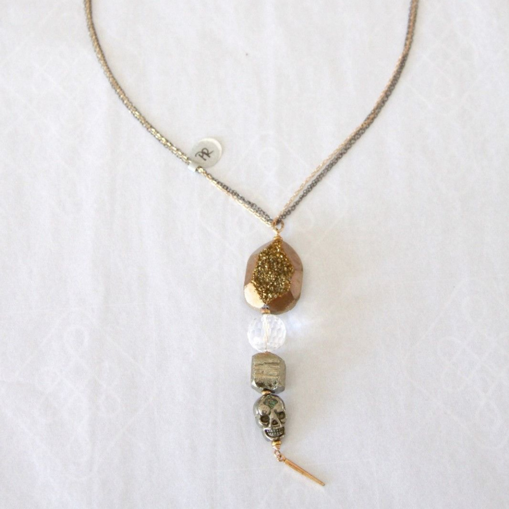 Anthropologie Skull Stone Pendant Necklace Gold Tone Jewelry By Mima